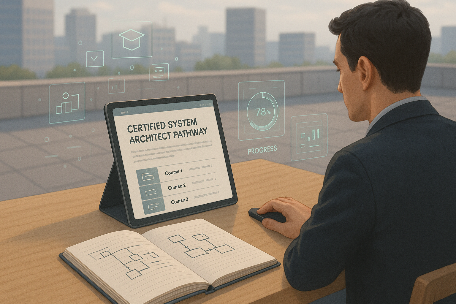 A professional learner sits at a rooftop workspace reviewing a tablet displaying the “Certified System Architect Pathway,” with a notebook of architecture diagrams and holographic progress dashboards in a soft, pastel, cinematic tech environment.