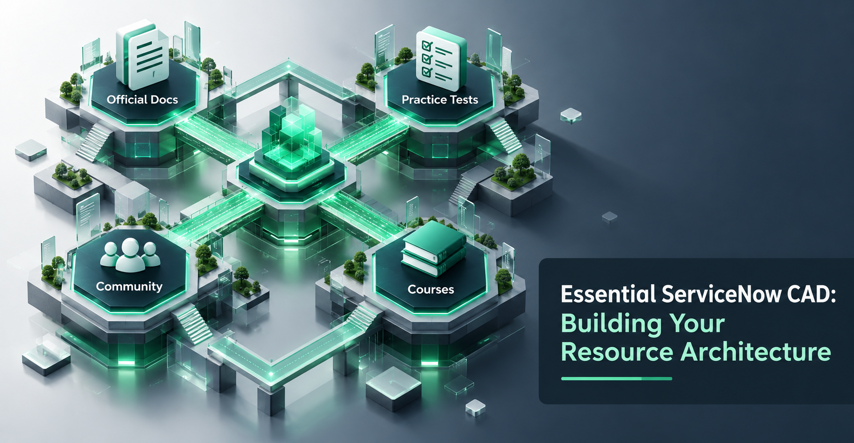 An isometric 3D illustration of interconnected hexagonal nodes representing a structured architecture of essential ServiceNow CAD study resources, linked by glowing lines.