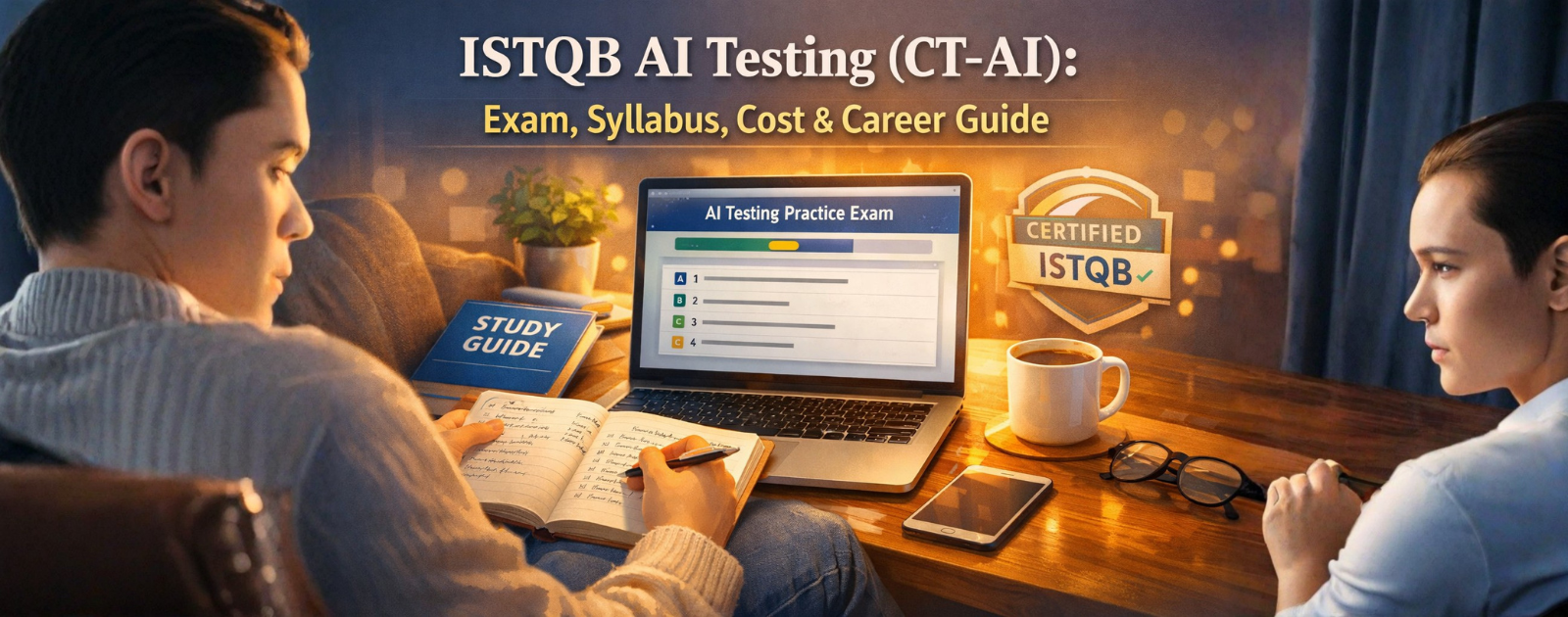 A professional workspace scene showing a laptop with an AI testing practice exam, a study guide notebook, and an ISTQB certification badge representing ISTQB AI Testing (CT-AI) exam preparation and career growth.