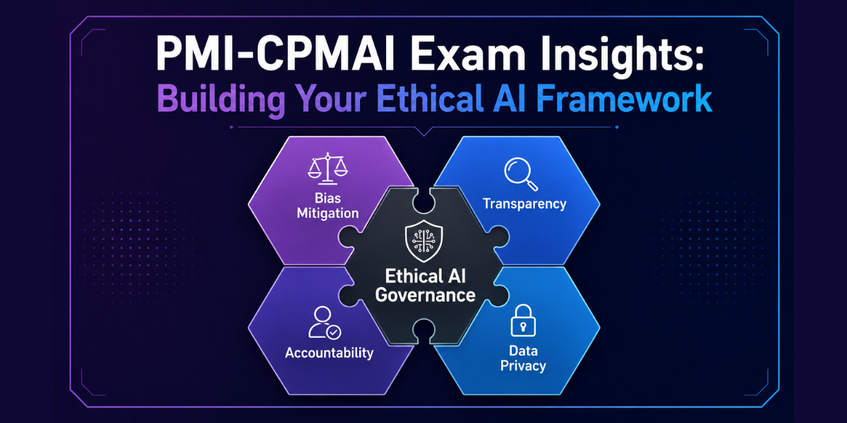 A conceptual infographic illustrating an ethical AI governance framework with interlocking pieces for bias, transparency, and data privacy, reflecting PMI-CPMAI principles.