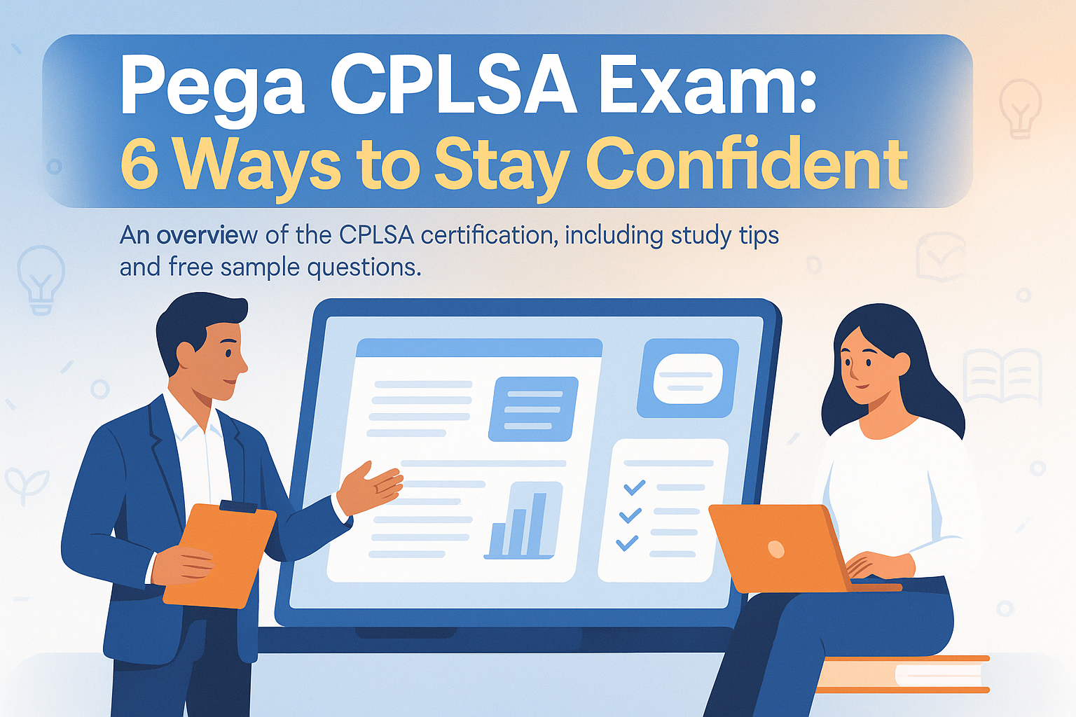 A modern horizontal digital illustration featuring two professionals studying with a large laptop screen, promoting the "Pega CPLSA Exam: 6 Ways to Stay Confident" blog with a clean blue-orange gradient background and bold white and yellow typography.