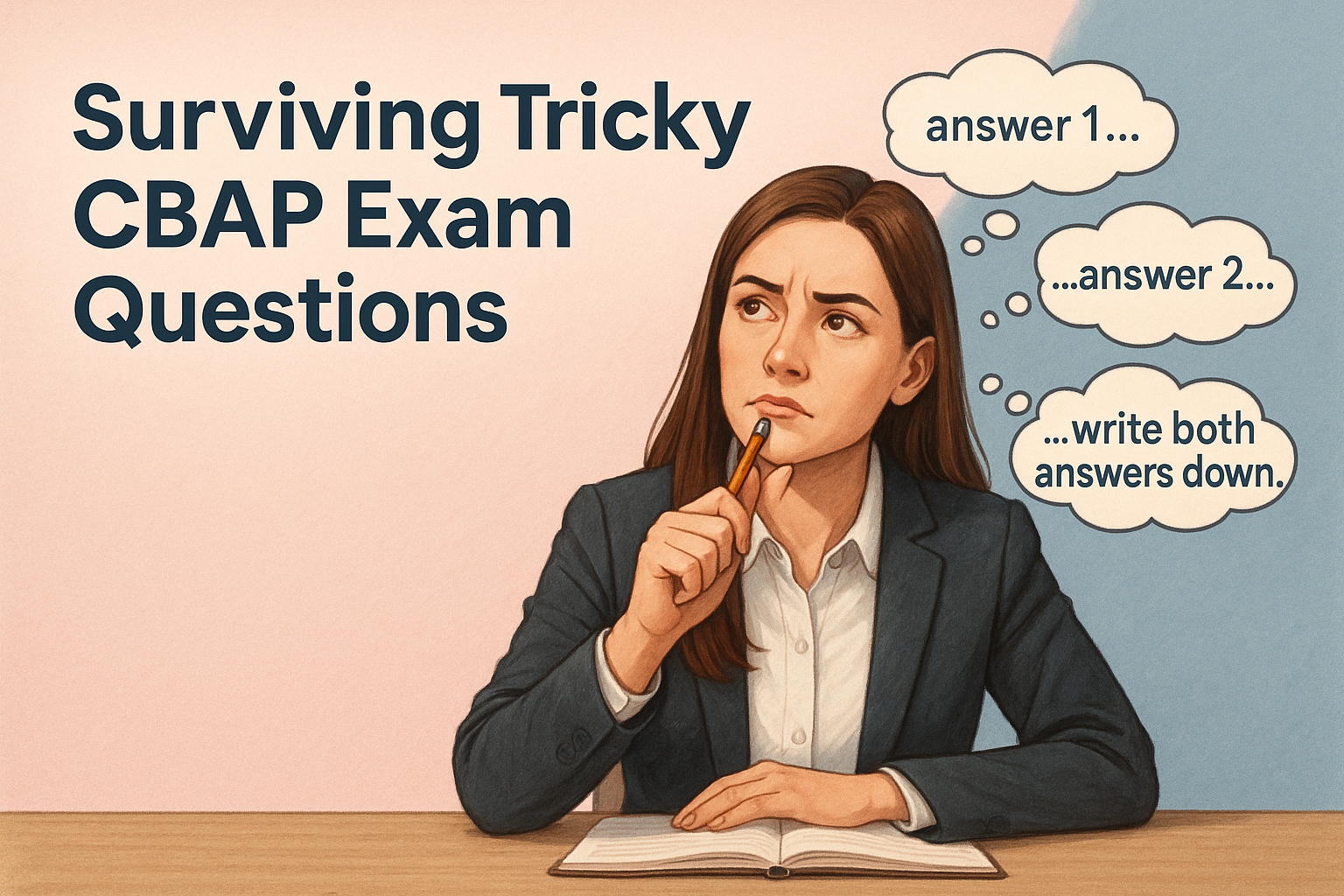 A focused professional woman with long brown hair sits at a desk holding a pencil to her chin, thinking through multiple answers, with thought bubbles and the title "Surviving Tricky CBAP Exam Questions" against a pastel pink and blue background.