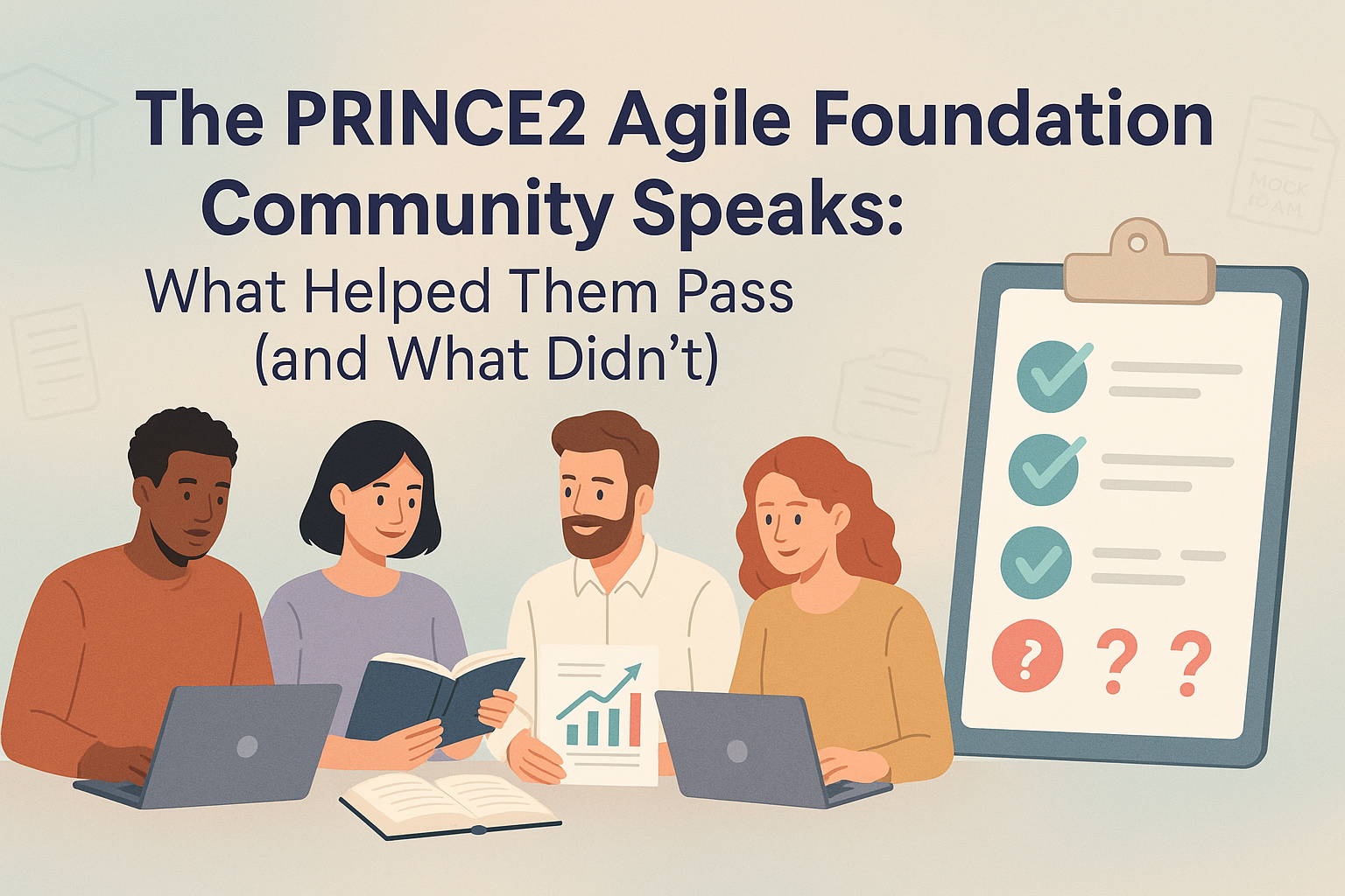 Banner with pastel gradient background showing diverse professionals studying, a clipboard with checkmarks and question marks, subtle exam-themed icons, and the title “The PRINCE2 Agile Foundation Community Speaks” in bold dark navy font.