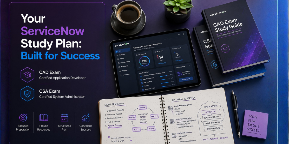 A meticulously organized desk from a top-down view, featuring study materials for ServiceNow CAD and CSA exams, symbolizing a well-structured study plan.