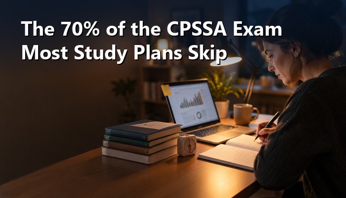Pega CPSSA candidate studying all six exam domains at a desk with a laptop and notes
